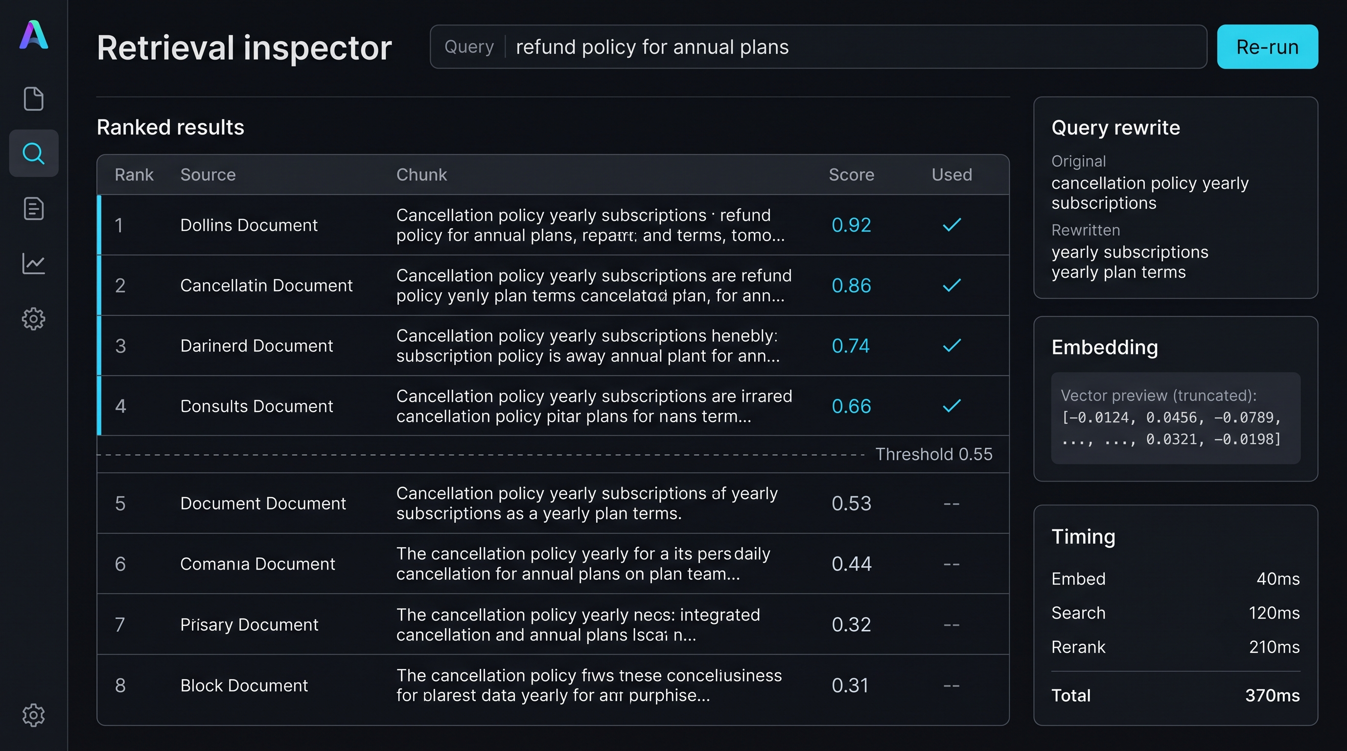 Atlas — Retrieval inspector: what was searched, what came back, and what scored.