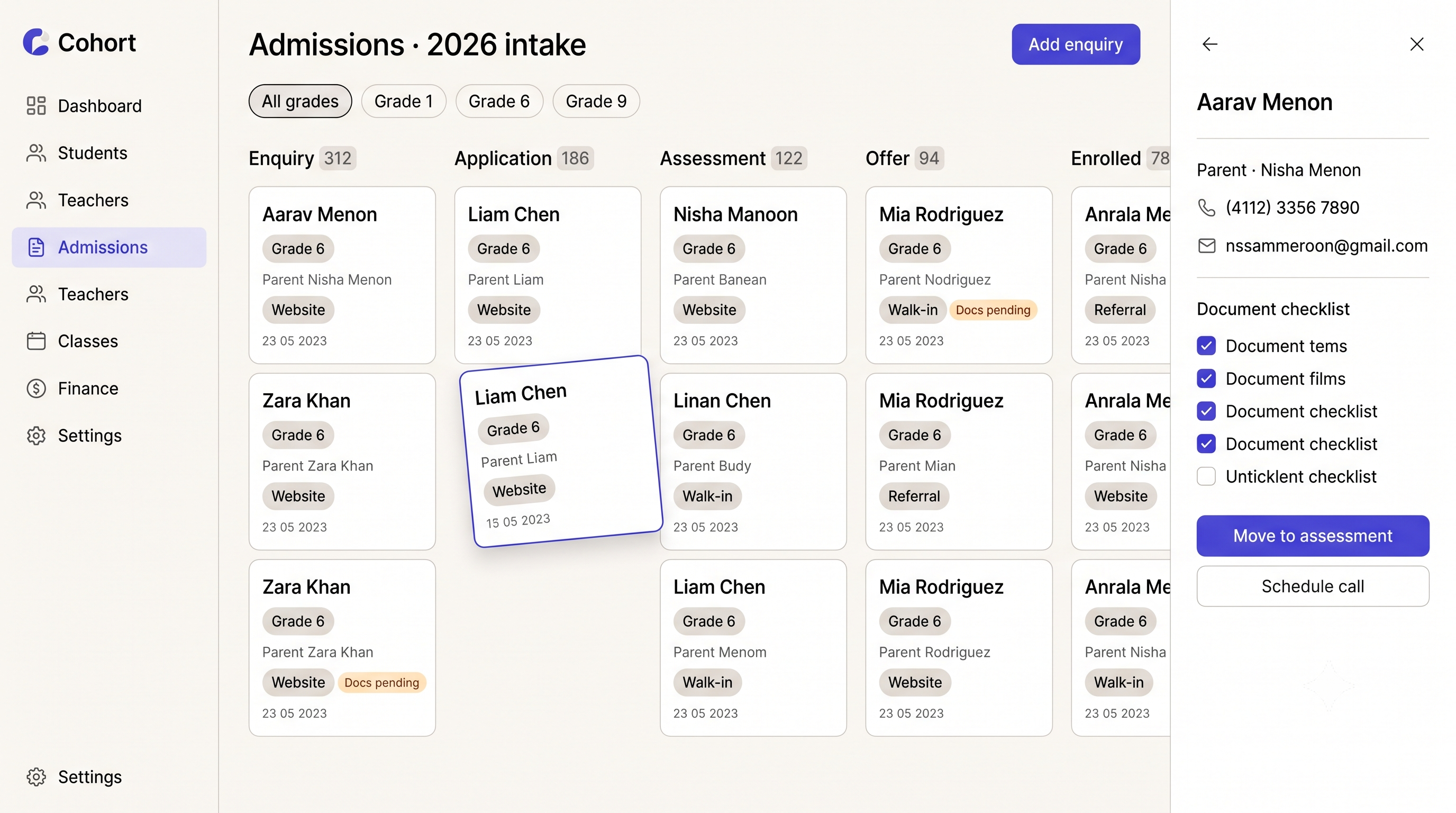 Cohort — Admissions pipeline from enquiry to enrolled.