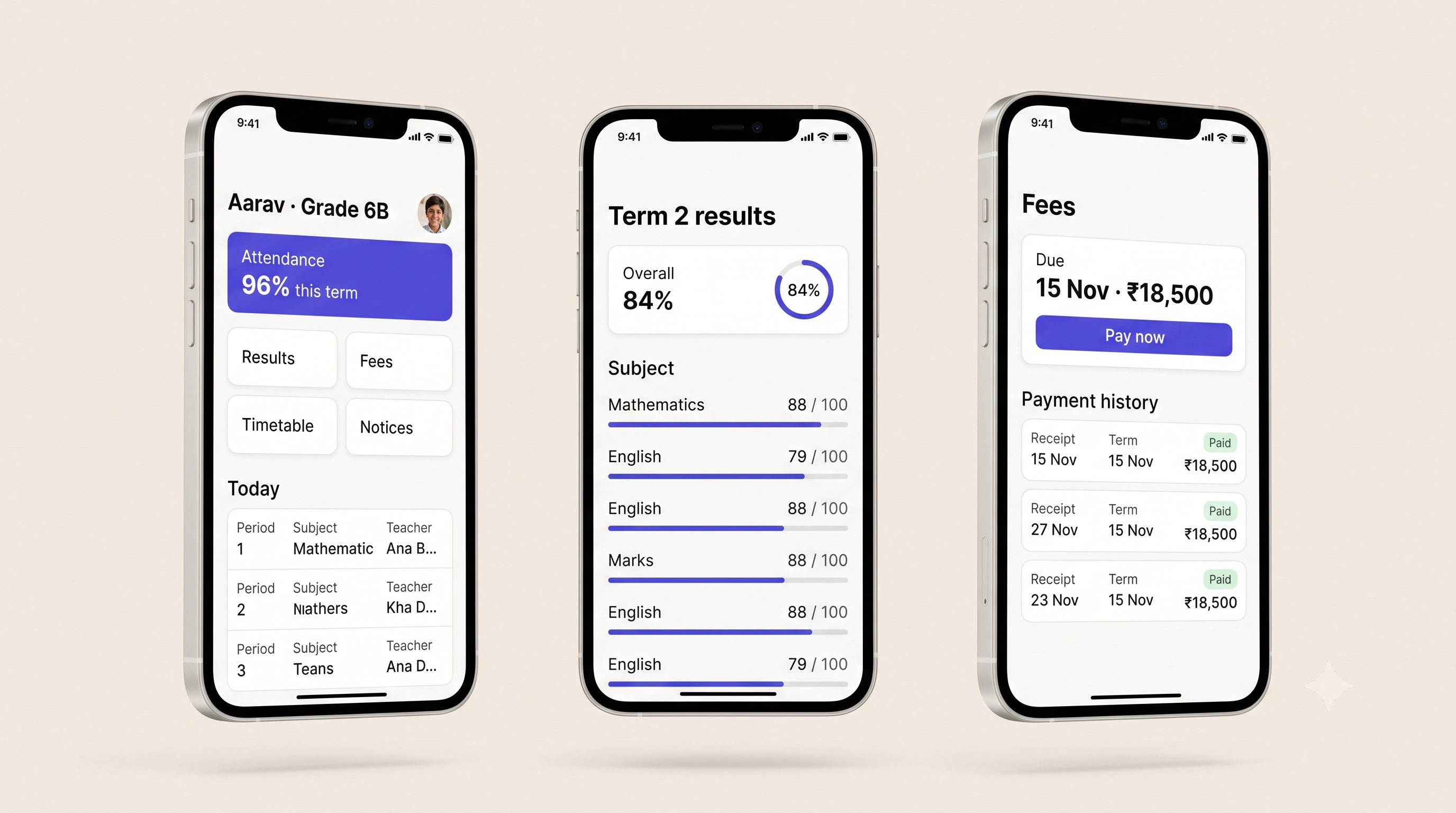 Cohort — Parent app — attendance, results, fees, and notices in one place.
