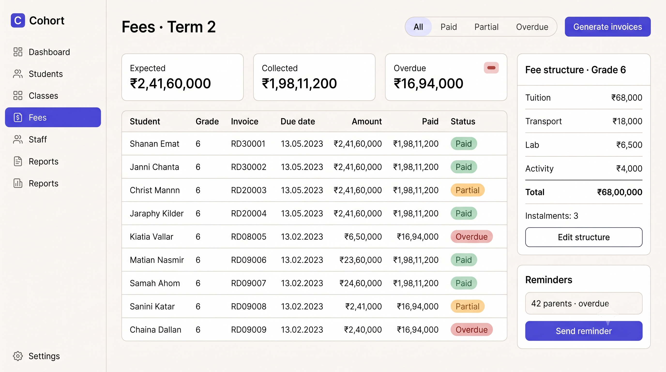 Cohort — Fee structures, invoicing, and reconciliation.