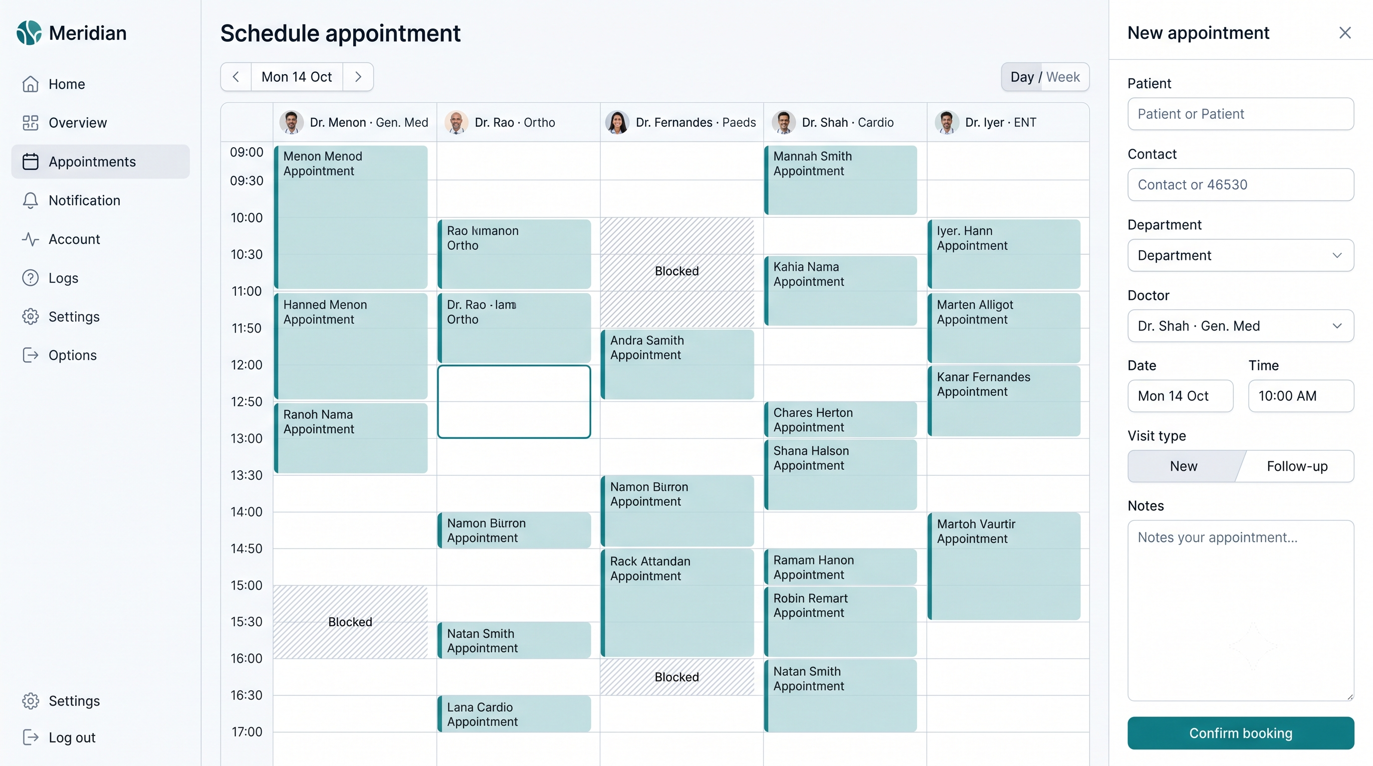 Meridian — Reception scheduling with live doctor availability.