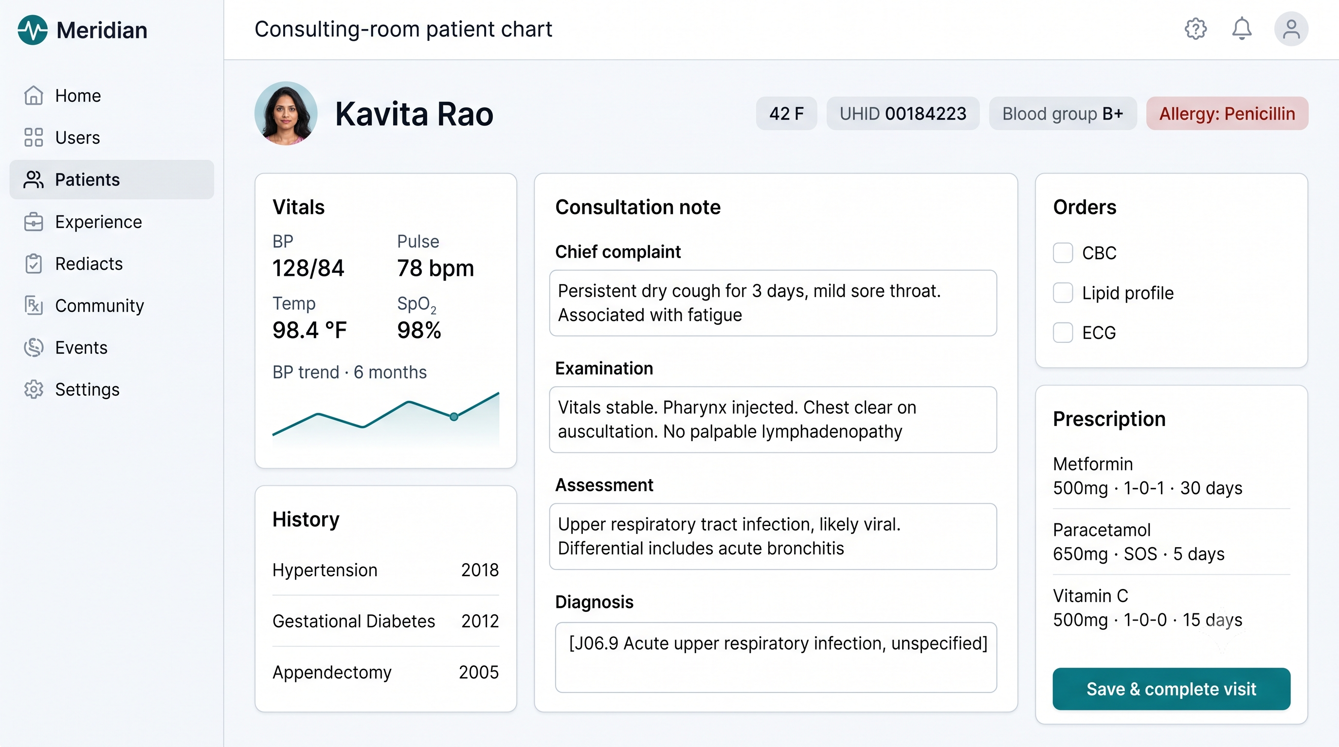 Meridian — Consulting-room chart: history, vitals, notes, and orders in one pass.
