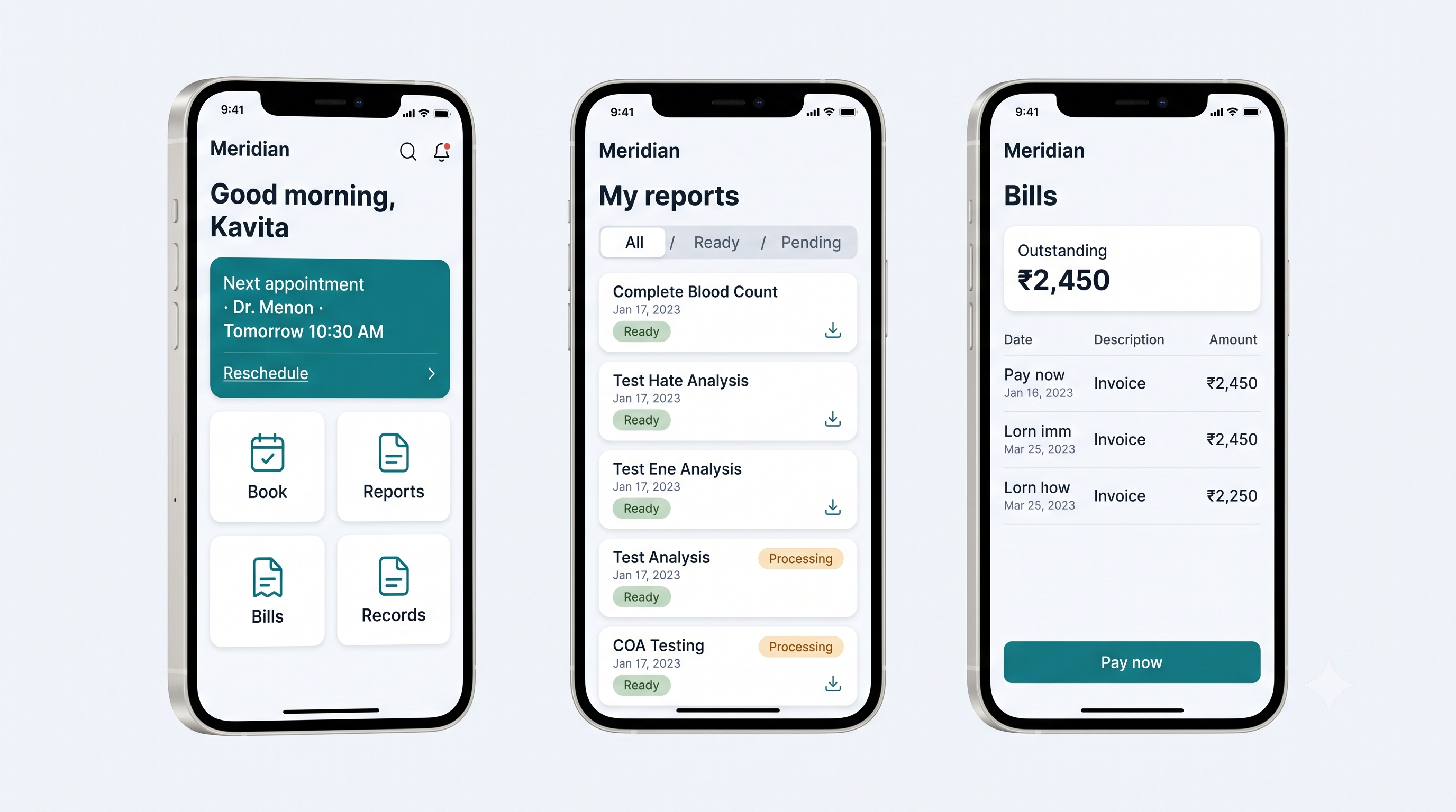 Meridian — Patient portal — appointments, reports, and balances on a phone.