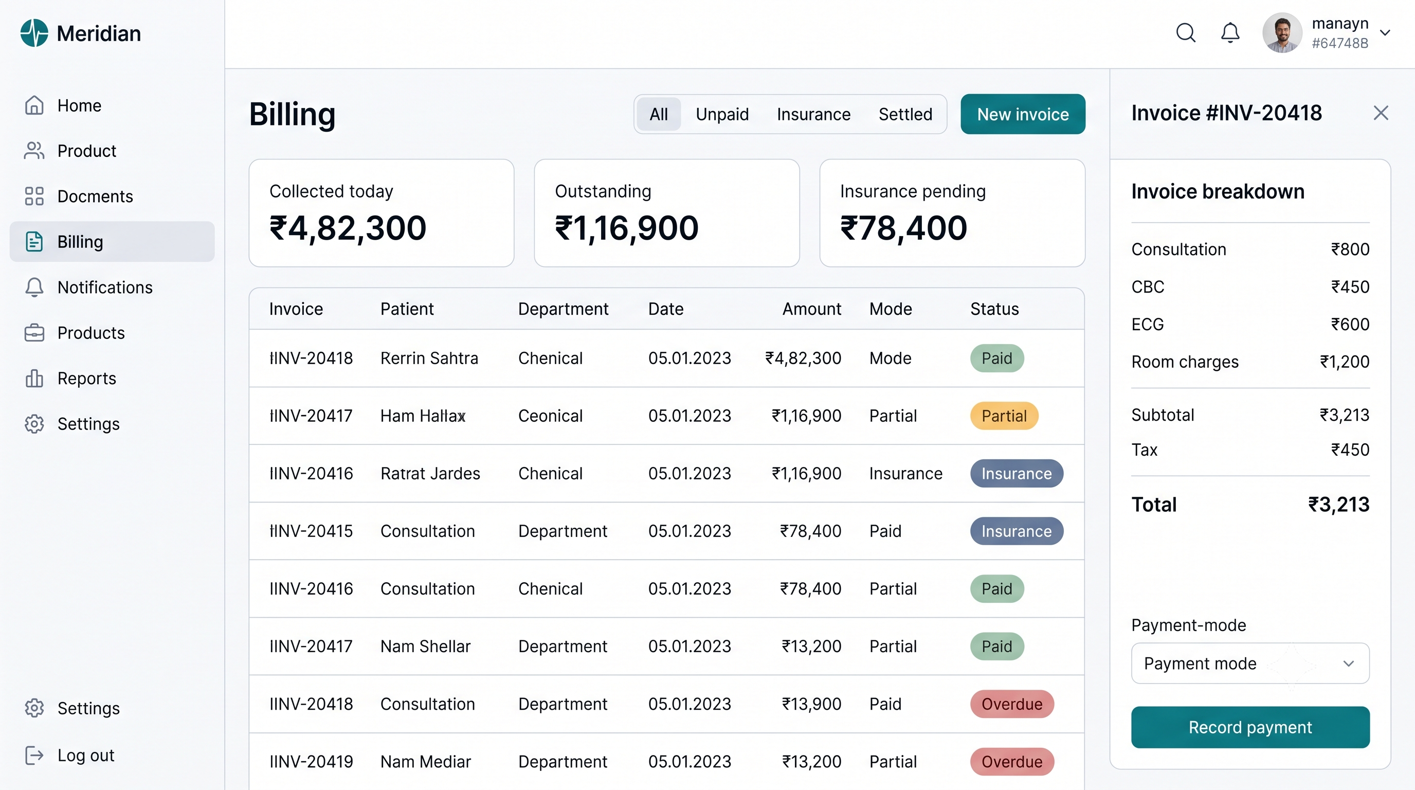 Meridian — Billing built from the same encounter data clinicians already entered.