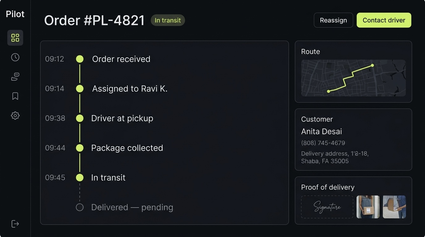Pilot — Order timeline with full audit trail from intake to proof of delivery.
