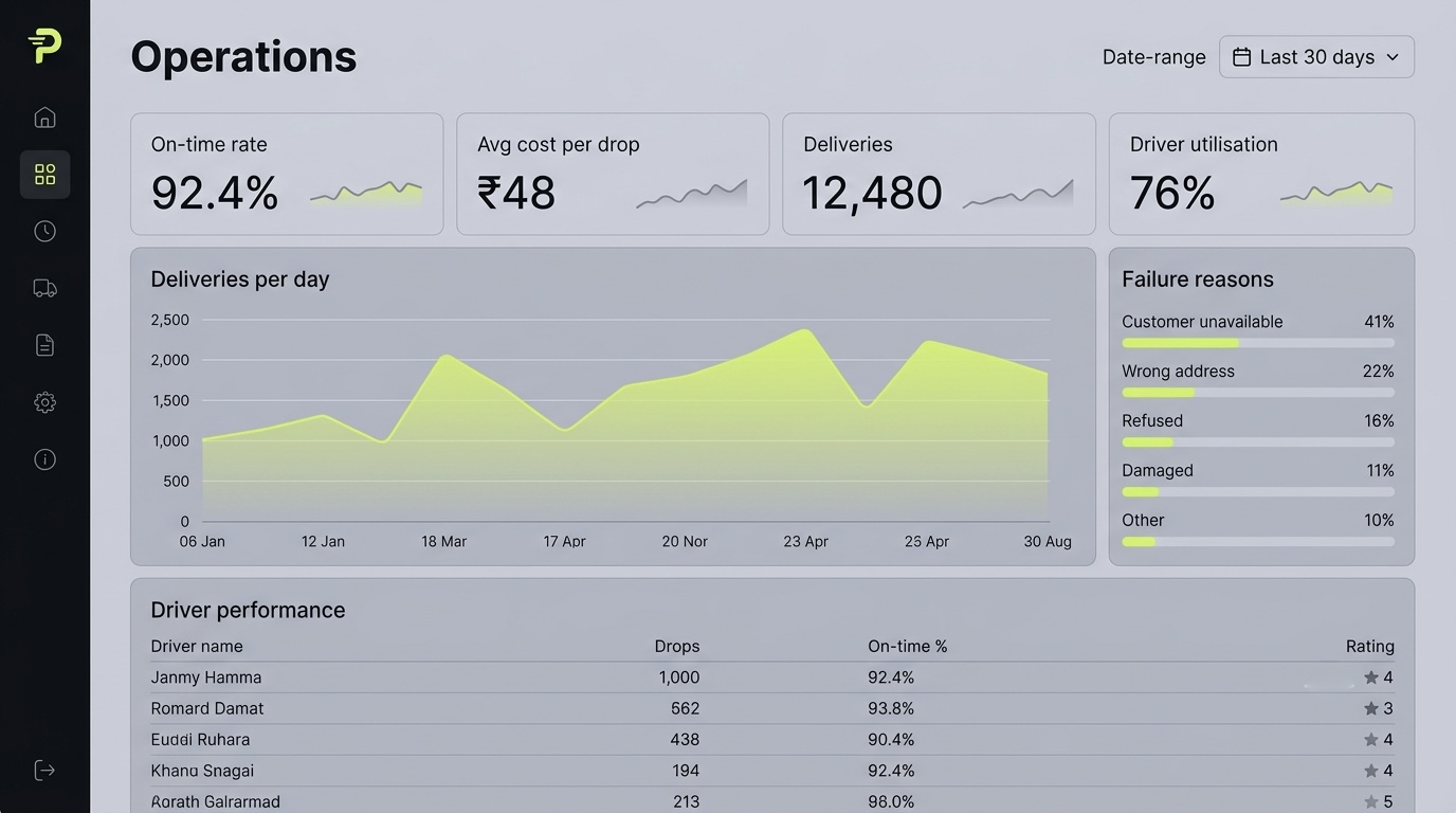 Pilot — Operations analytics: on-time rate, cost per drop, driver utilisation.